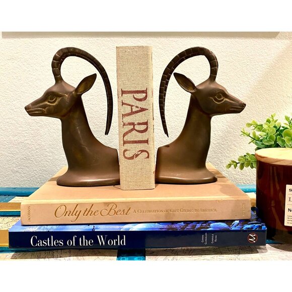 Vintage Mid Century Brass Gazelle/Ibex Bookends Pair MCM Home Decor Hollywood Re - Picture 1 of 7
